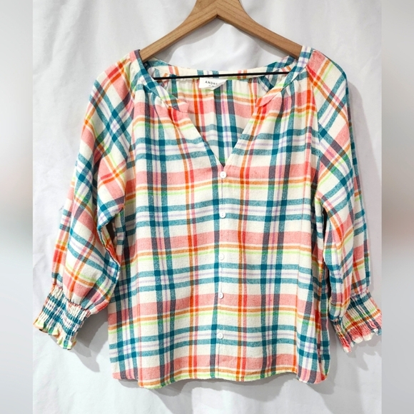 Andree By Unit Women's Peasant‎ Top Size Medium Bright Plaid Flannel Preppy Boho - Picture 1 of 6